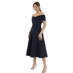Quiz Midi Scuba Skater Dress Womens US 12 Navy Blue Twist Bardot Off Shoulder